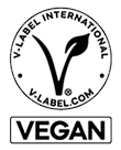 A black and white logo features a stylized letter V with a leaf, indicating a vegan certification.