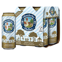 Three beer cans and a pack, featuring traditional German village graphics, are displayed. The packaging is marked vegan.