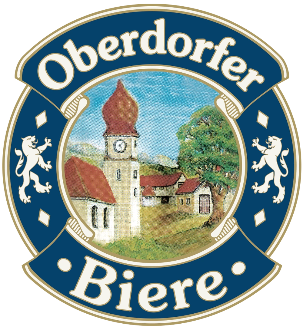 A logo features a church and houses within a vibrant rural setting, flanked by two lions.