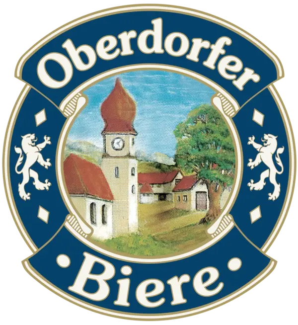 A logo features a church and houses within a vibrant rural setting, flanked by two lions.