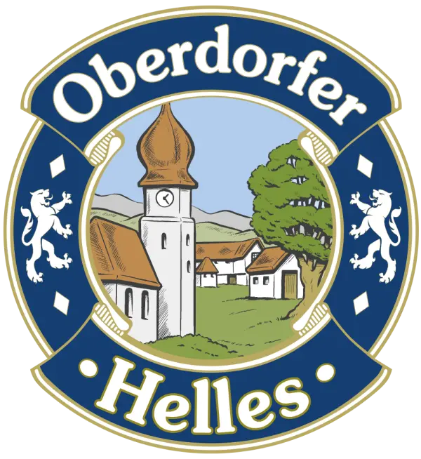 A logo features a church and houses within a vibrant rural setting, flanked by two lions.
