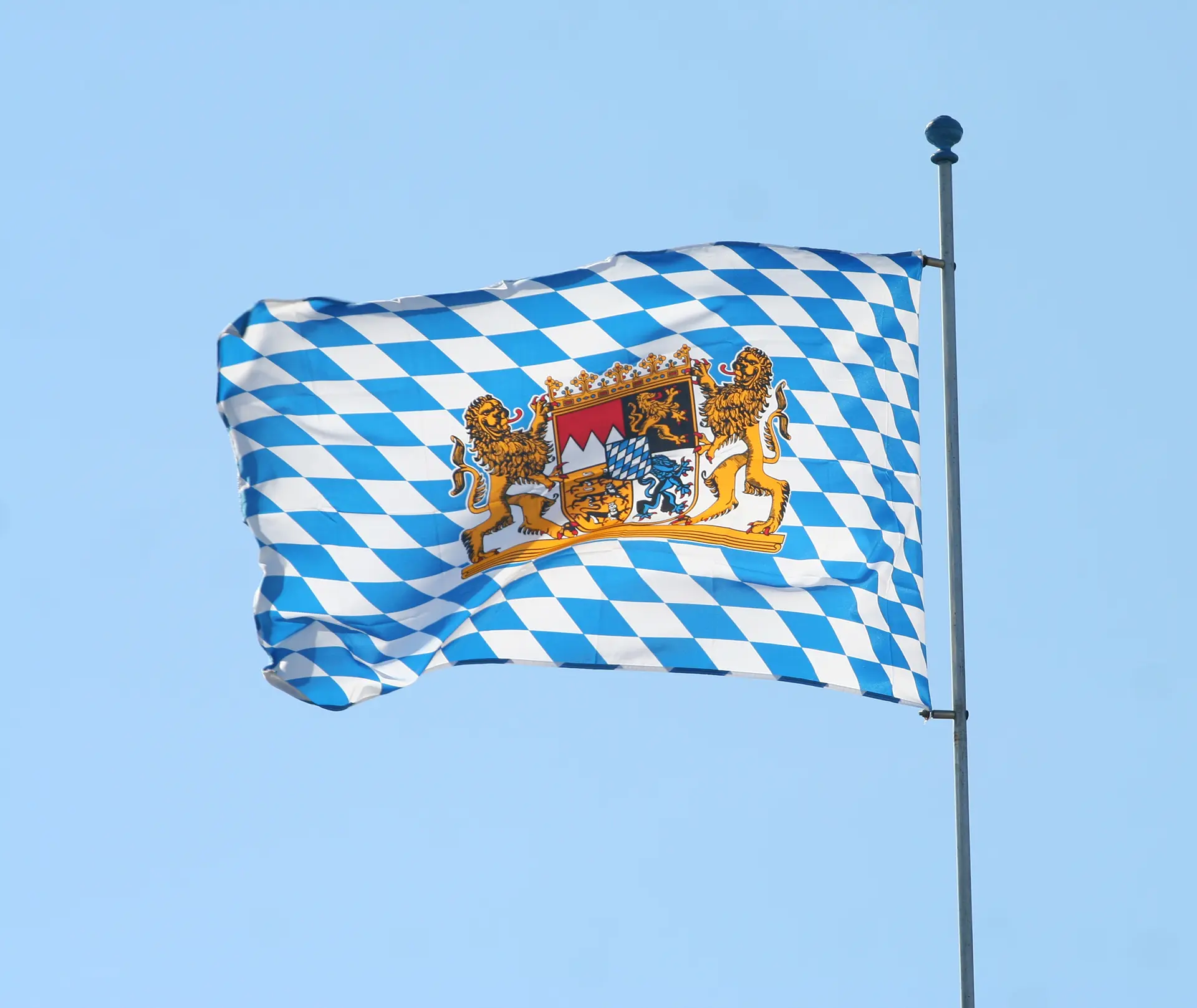 A blue and white checkered flag with a central coat of arms flutters against a clear sky. The coat of arms features lions and a shield.