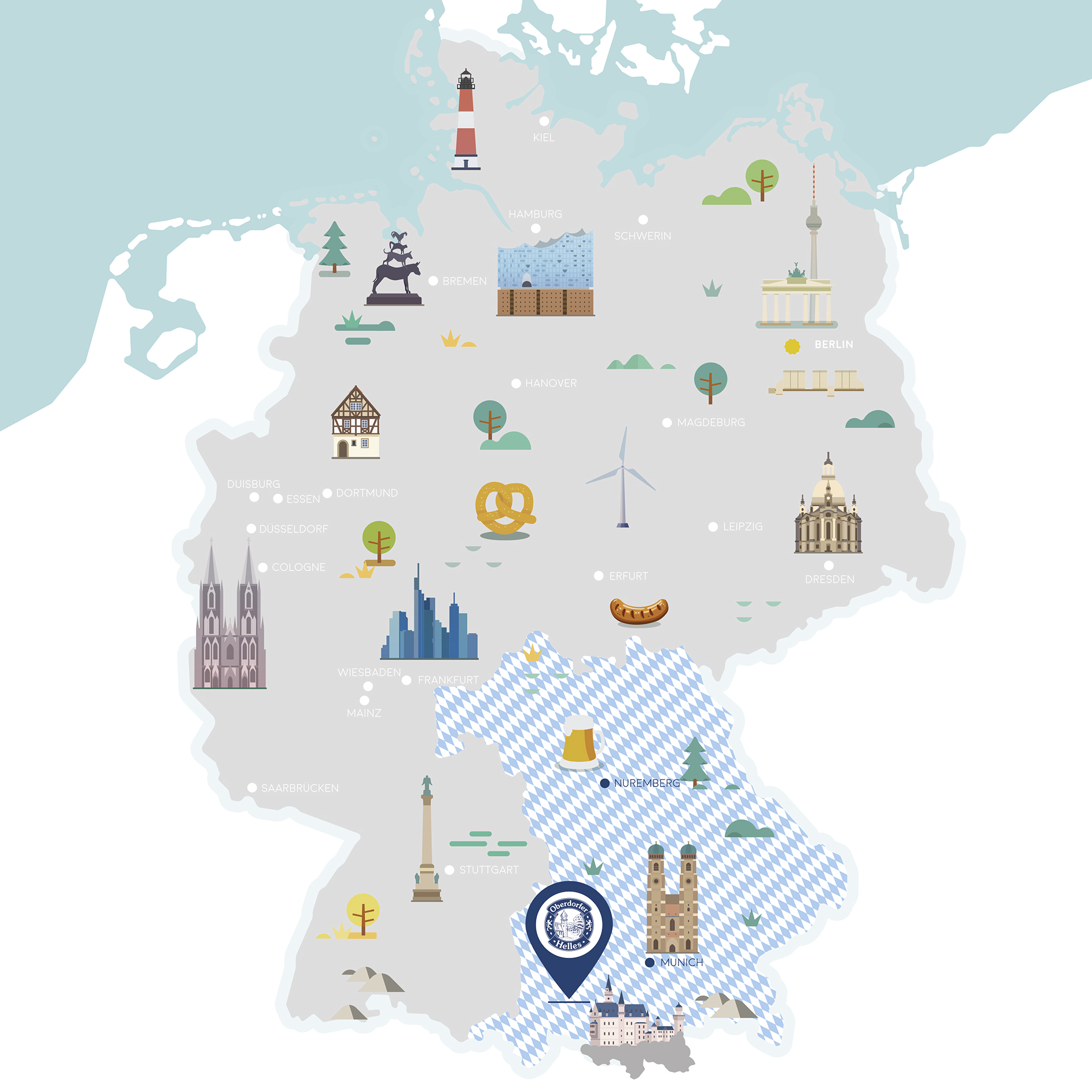 A stylized map of Germany highlights landmarks and symbols representing various cities.
