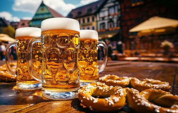 Five glasses of beer stand on a wooden table, accompanied by pretzels, with traditional buildings in the background.