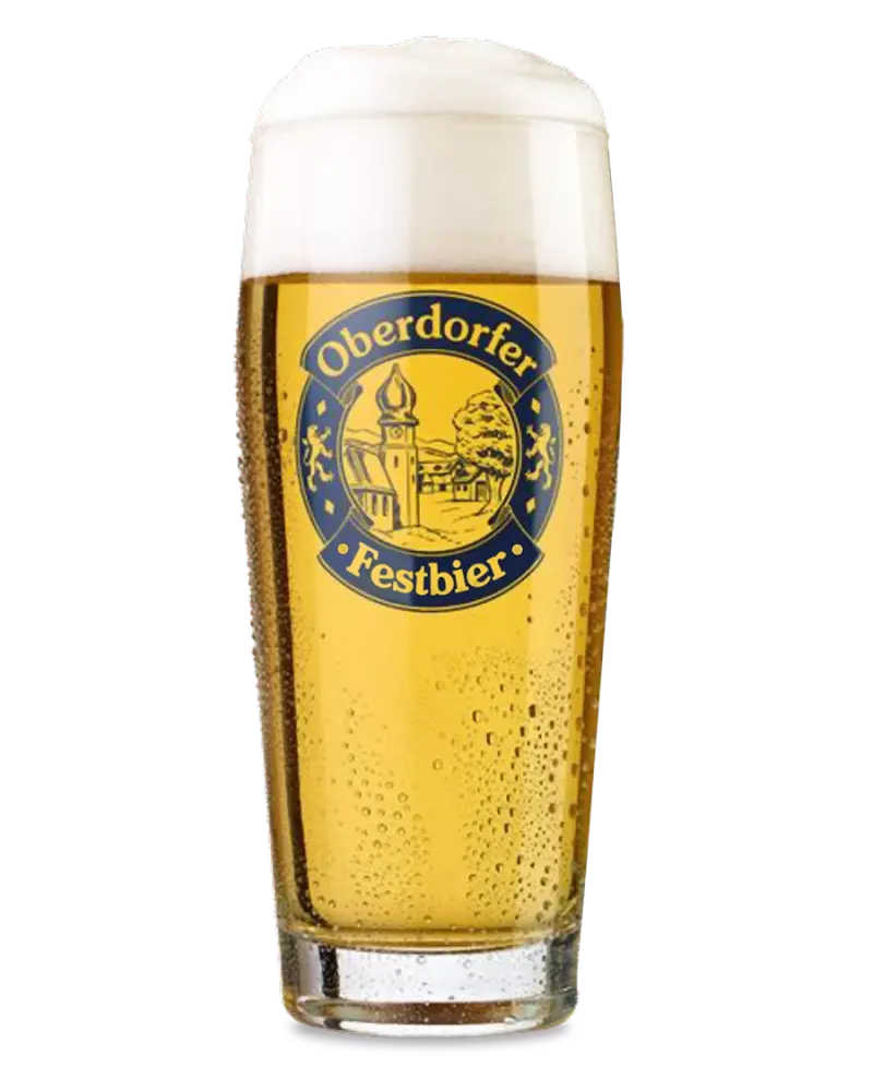 A glass of beer, filled with golden beer with dew drops and a head of foam.