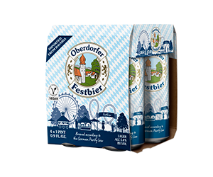 Four cans of Festbier in an Oberdorfer paper carrier featuring a Bavarian diamond pattern.