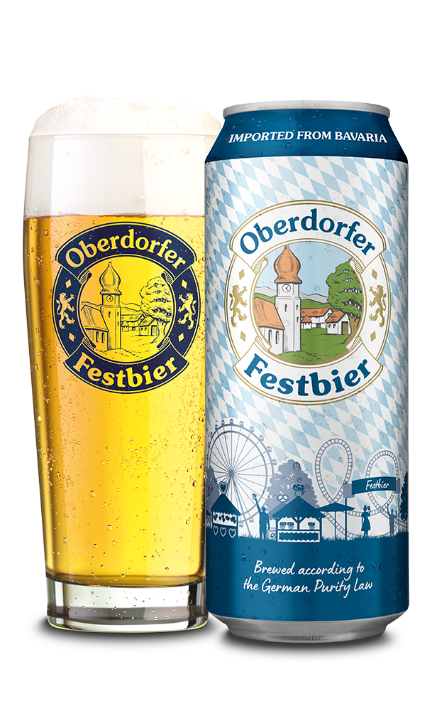 A glass of beer next to a can of Oberdorfer Festbier. Both feature the brand logo with a church tower and the village.