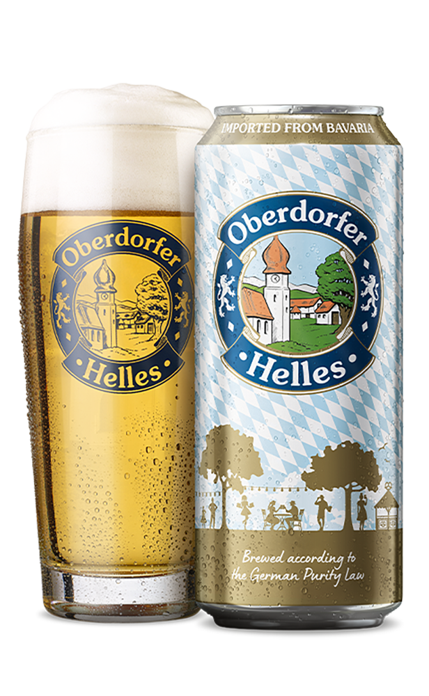 A glass of beer next to a can of Oberdorfer Helles, which is decorated with a Bavarian diamond pattern.