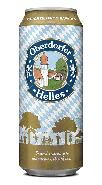 Oberdorfer Helles beverage can featuring the brand logo and a Bavarian diamond pattern on the packaging.